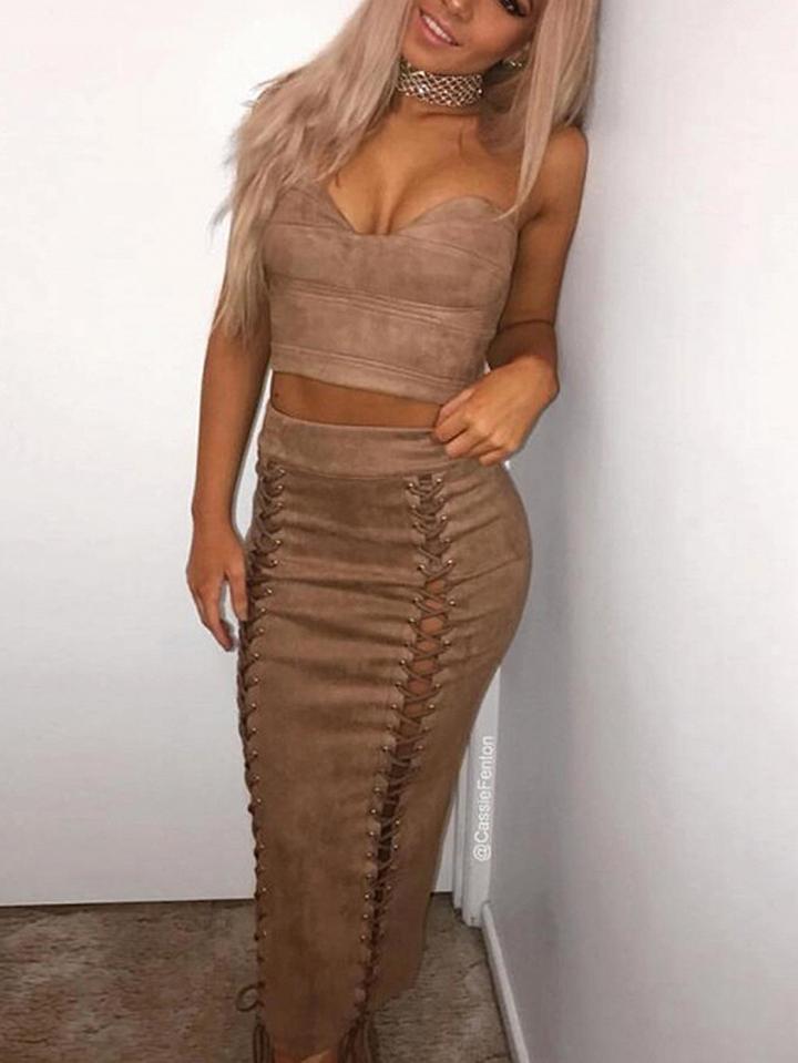 Choies Beige Faux Suede High Waist Lace Up Front Split Back Skirt
