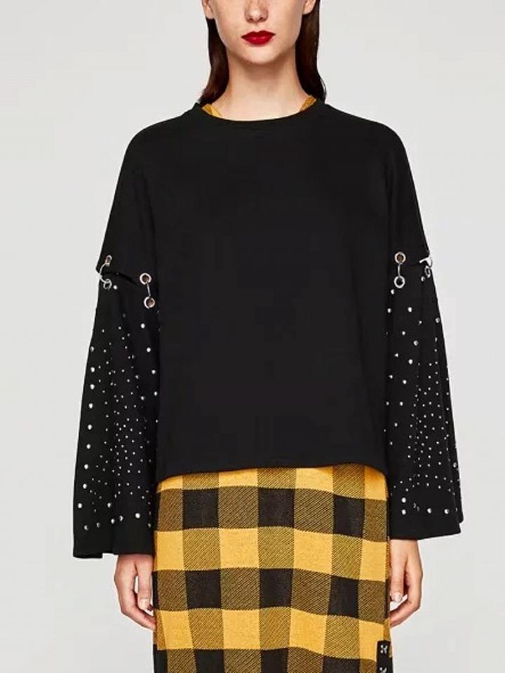 Choies Black Metal Circle Stud Detail Flare Sleeve Blouse