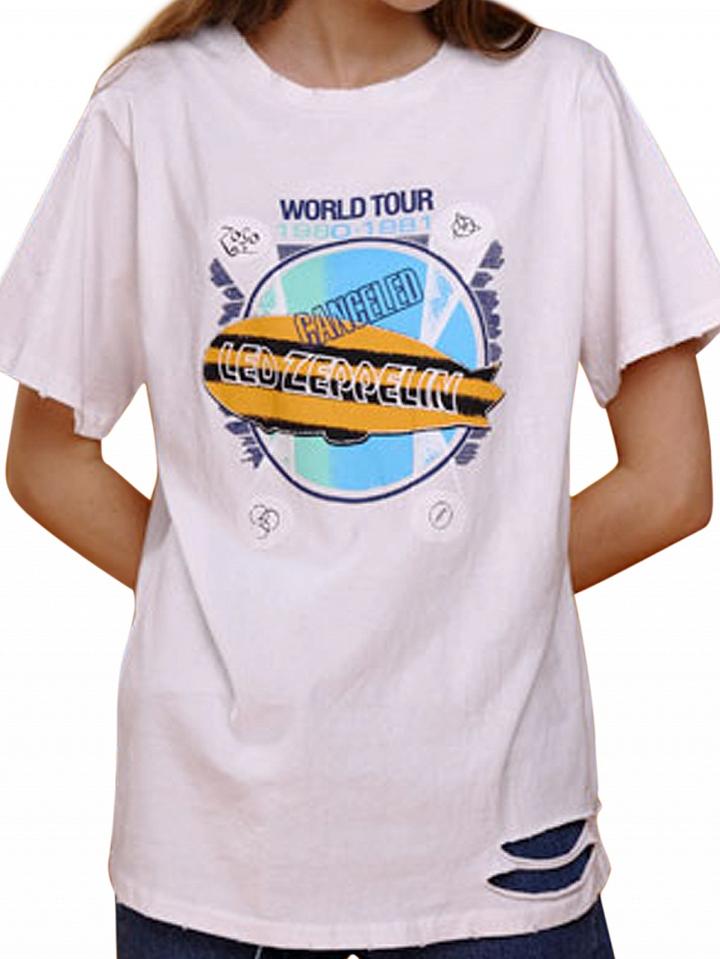 Choies White Printed Front Ripped Short Sleeve T-shirt