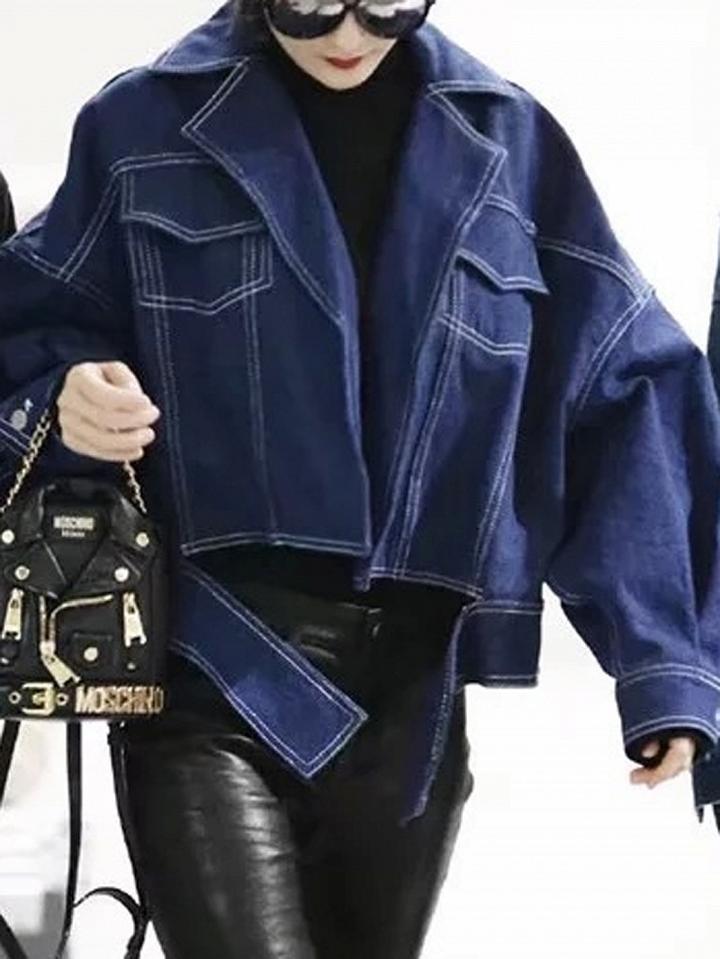 Choies Blue Lapel Open Front Long Sleeve Denim Jacket