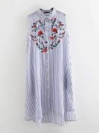 Choies Blue Stripe Floral Embroidery Sleeveless Shirt Dress