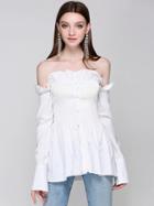 Choies White Off Shoulder Frill Trim Shirred Long Sleeve Shirt