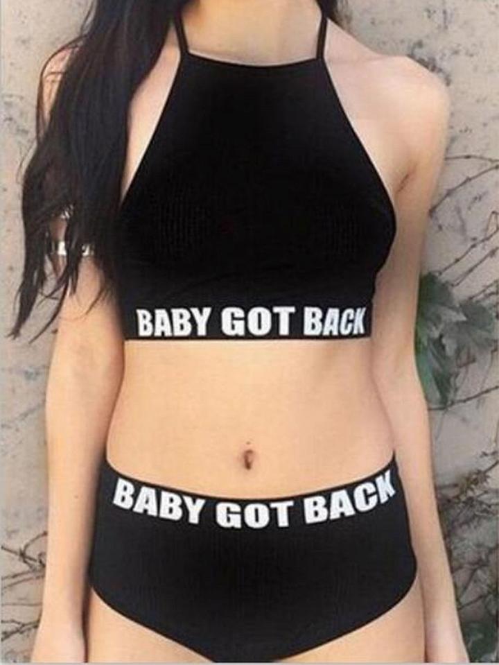 Choies Black Letter Print Halter Backless Cropped Bikini Top And Bottom