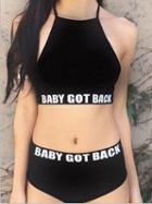 Choies Black Letter Print Halter Backless Cropped Bikini Top And Bottom