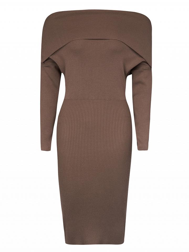 Choies Brown Off Shoulder Long Sleeve Knitted Bodycon Dress