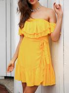 Choies Yellow Chiffon Off Shoulder Ruffle Trim Chic Women Mini Dress