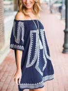Choies Dark Blue Off Shoulder Folk Print Mini Dress