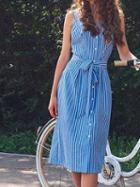 Choies Blue Cotton Stripe Square Neck Sleeveless Chic Women Midi Dress