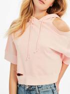 Choies Pink Drop Shoulder Rip Detail Crop Drawstring Hoodie