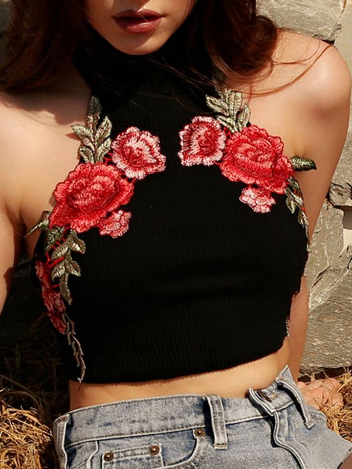 Choies Black Turtle Neck Floral Embroidery Ribbed Crop Top