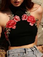 Choies Black Turtle Neck Floral Embroidery Ribbed Crop Top