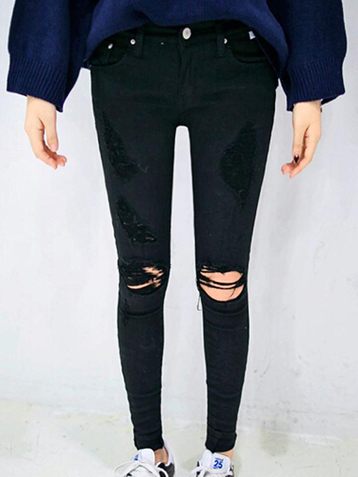 Choies Black Ripped Knee Pencil Pants