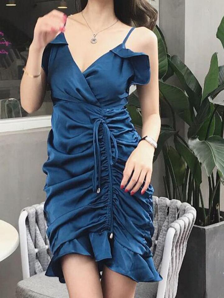 Choies Royal Blue V-neck Tie Waist Chic Women Bodycon Cami Mini Dress