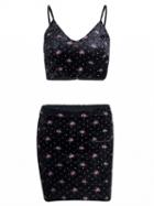 Choies Black Velvet Floral Print Crop Top And High Waist Mini Skirt