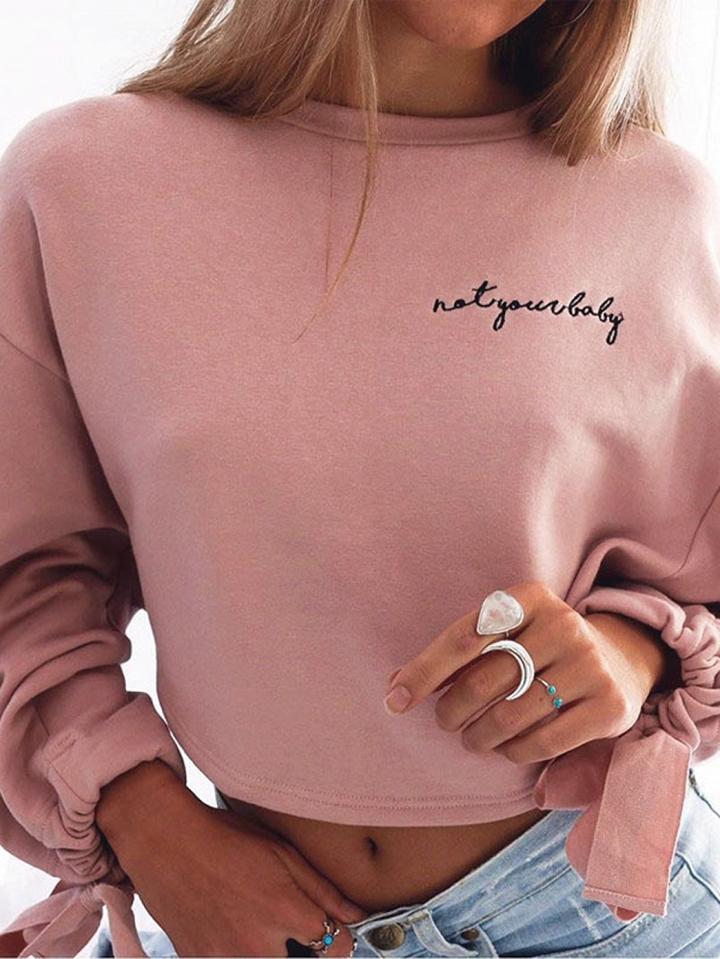 Choies Pink Cotton Letter Print Puff Sleeve Chic Women Crop Sweatshirt