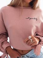 Choies Pink Cotton Letter Print Puff Sleeve Chic Women Crop Sweatshirt