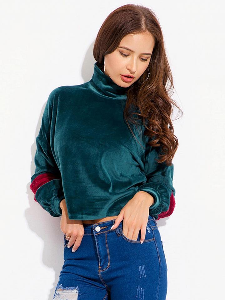 Choies Green Contrast High Neck Long Sleeve Sweatshirt