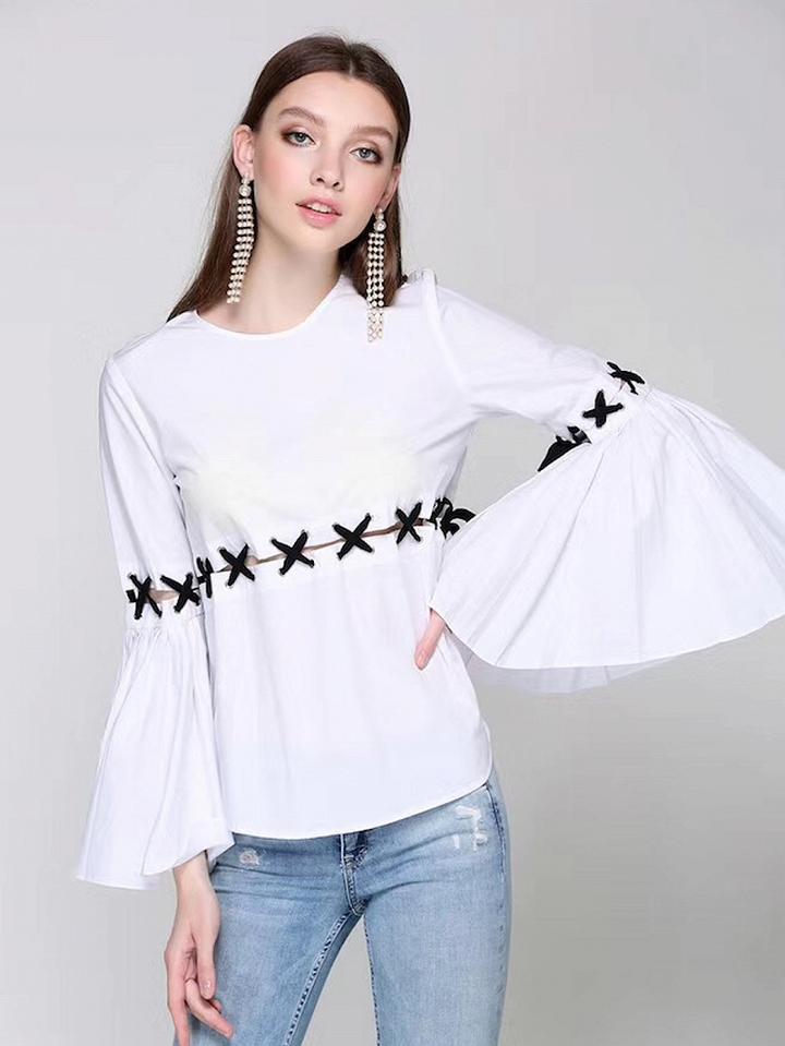 Choies White Lace Up Cut Out Detail Falre Sleeve Blouse