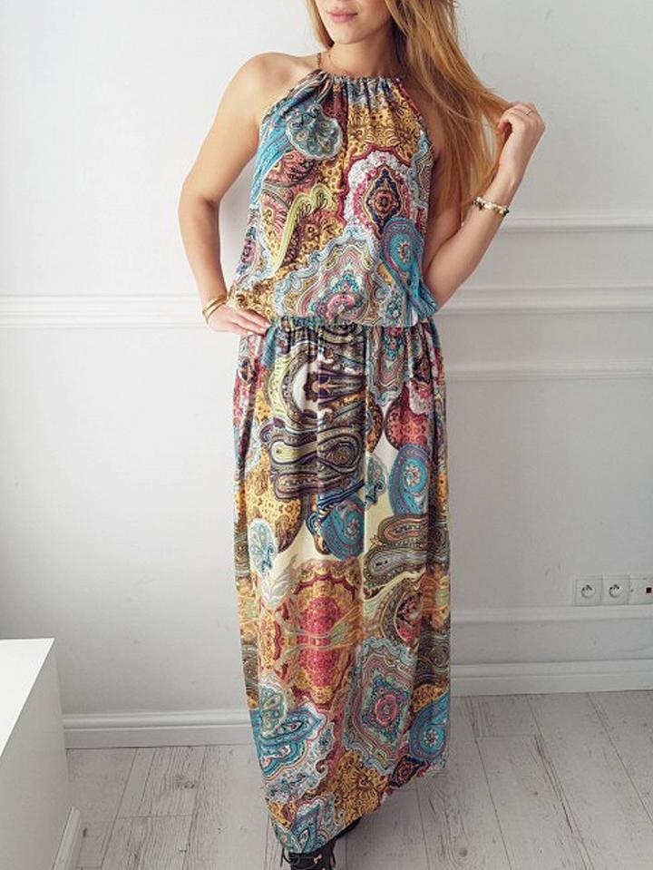 Choies Polychrome Cutaway Spaghetti Strap Elastic Waist Boho Maxi Dress