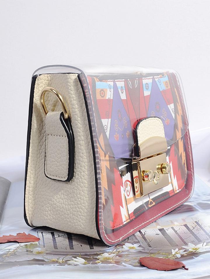Choies White Pu Print Detail Lock Catch Front Chic Women Shoulder Bag