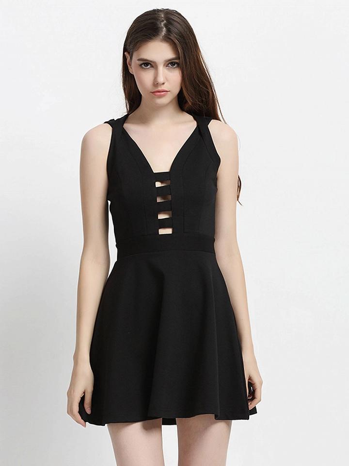 Choies Black V-neck Lattice Detail Cross Back Cami A-line Dress