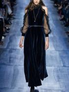 Choies Black Cold Shoulder Sheer Sleeve Velvet Maxi Dress