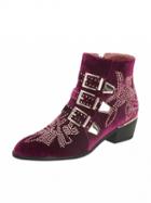 Choies Burgundy Velvet Pointed Stud Buckle Strap Ankle Boots