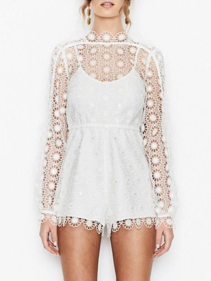 Choies White Cut Out Lace Overlay Long Sleeve Romper Playsuit