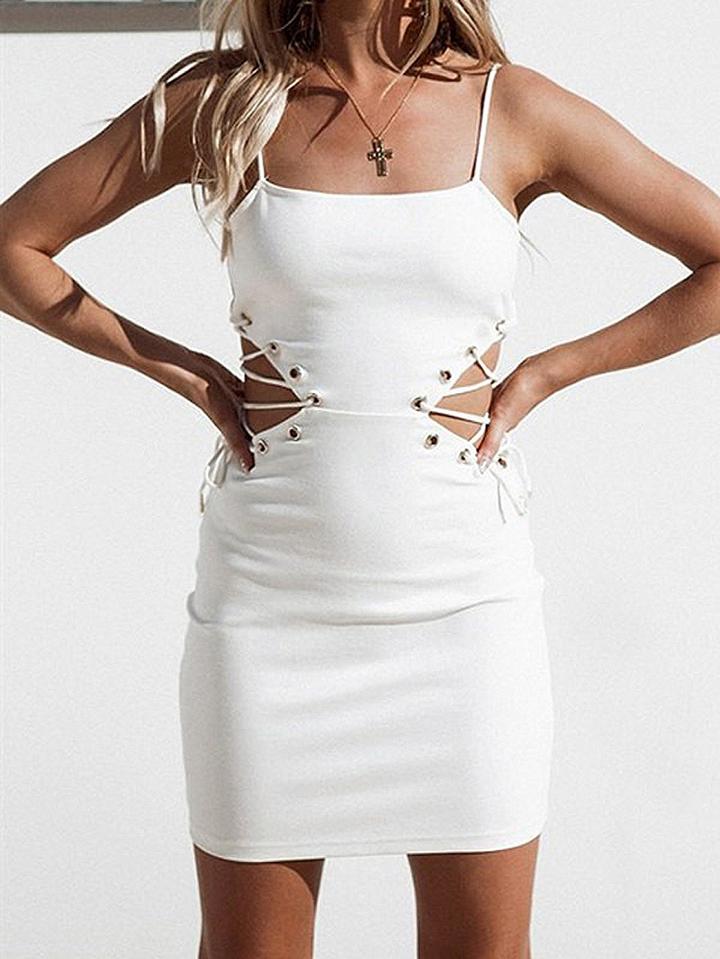 Choies White Spaghetti Strap Eyelet Lace Up Side Bodycon Mini Dress