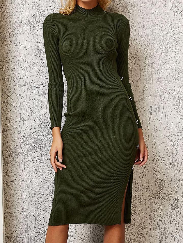 Choies Green Split Side Long Sleeve Chic Women Knit Bodycon Dress