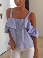 Choies Blue Stripe Cold Shoulder Ruffle Trim Blouse