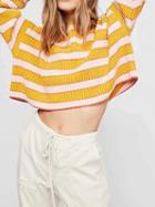Choies Yellow Stripe Ribbed Long Sleeve Chic Women Crop Sweater