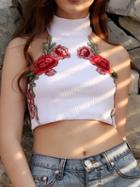 Choies White Turtle Neck Floral Embroidery Ribbed Crop Top