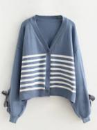 Choies Blue Stripe Bow Sleeve Button Placket Cardigan