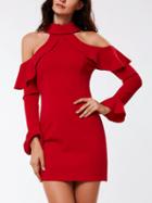 Choies Red Choker Neck Cold Shoulder Ruffle Long Sleeve Bodycon Dress