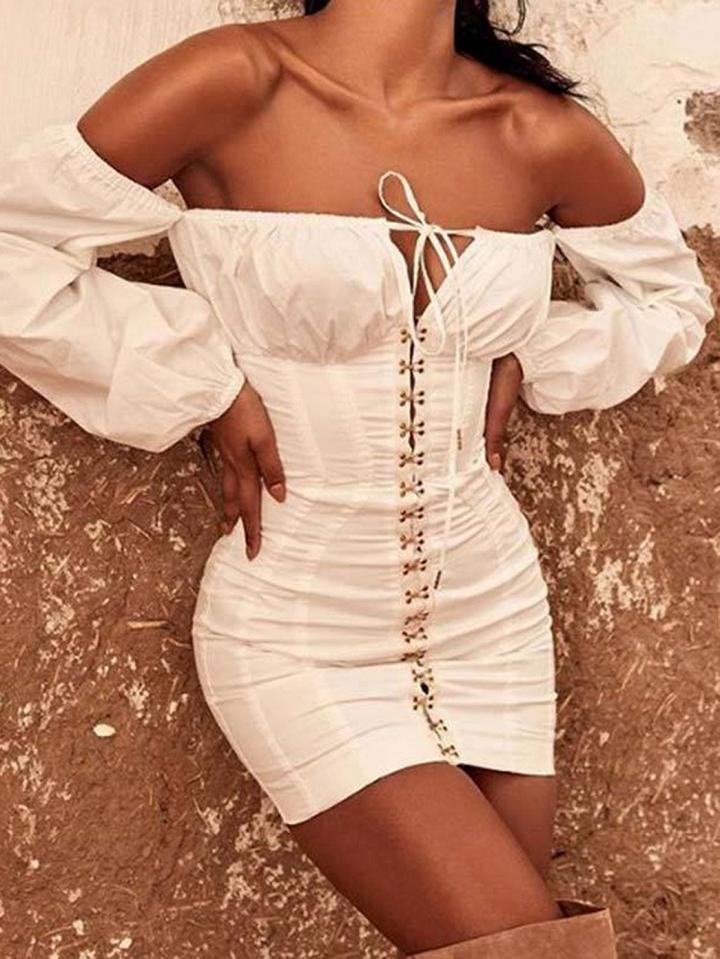 Choies White Off Shoulder Puff Sleeve Women Bodycon Mini Dress