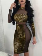 Choies Gold Sheer Mesh Panel Long Sleeve Bodycon Dress
