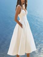 Choies White V-neck Lace Panel Pocket Detail Midi Dress