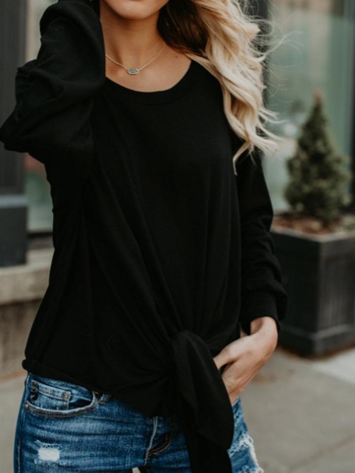 Choies Black Cotton Cold Shoulder Tie Front Long Sleeve Chic Women T-shirt