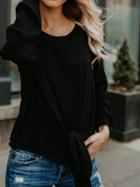 Choies Black Cotton Cold Shoulder Tie Front Long Sleeve Chic Women T-shirt