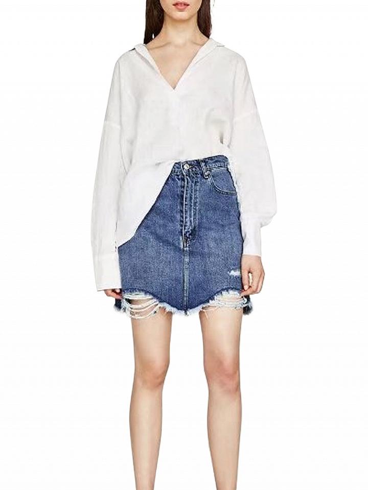 Choies Blue High Waist Ripped Raw Hem Denim Skirt