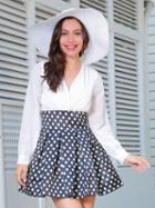 Choies White V Neck Contrast Polka Dot Long Sleeve Skater Dress