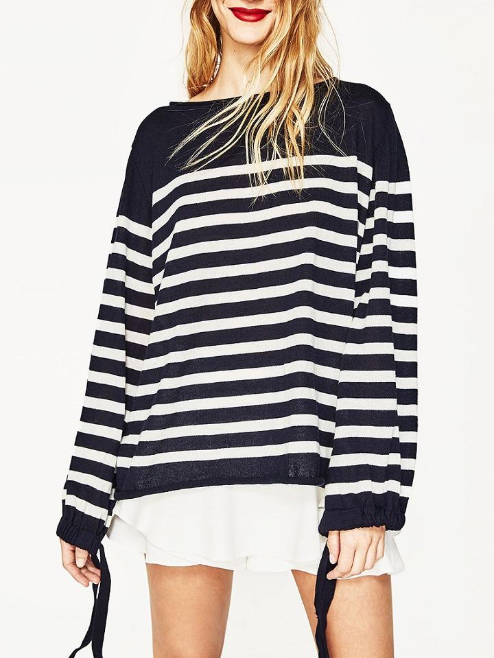 Choies Black Stripe Long Sleeve Tie Cuff Knit Sweater