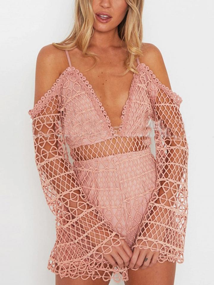 Choies Pink Plunge Cut Out Detail Open Back Long Sleeve Romper Playsuit