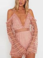 Choies Pink Plunge Cut Out Detail Open Back Long Sleeve Romper Playsuit