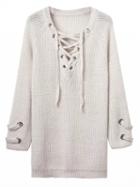 Choies White Plunge Neck Lace Up Front Long Sleeve Knit Dress