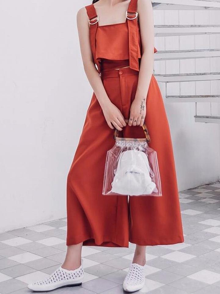 Choies Red Ruffle Trim Chic Women Crop Tank Top And High Waist Wide Leg Pants