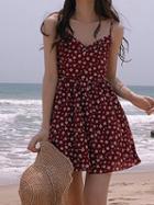 Choies Dark Red Cotton V-neck Floral Print Chic Women Cami Mini Dress