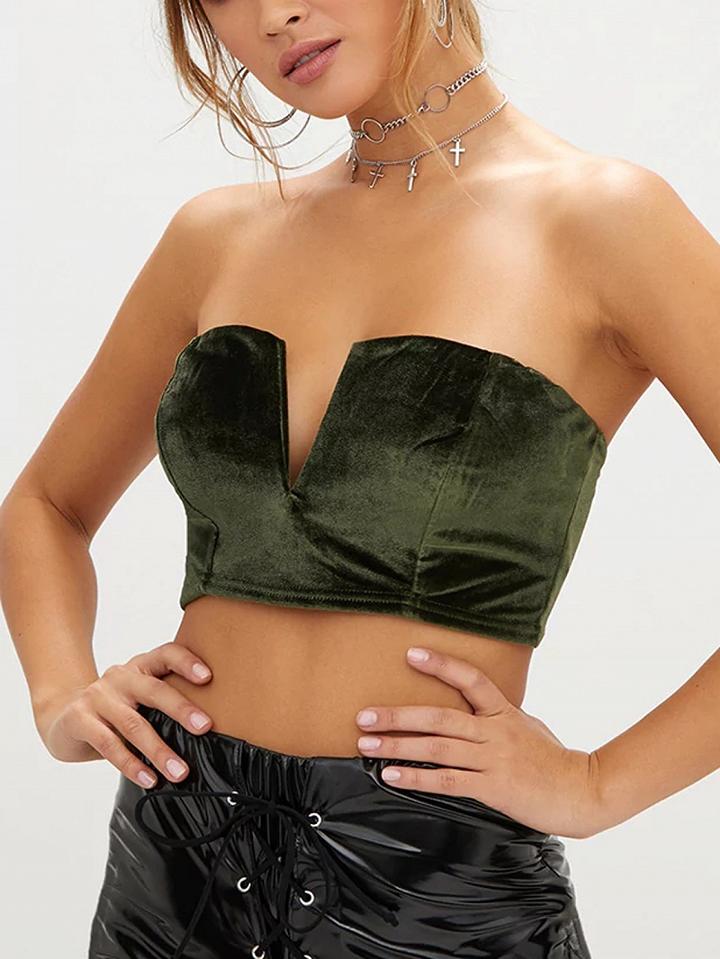 Choies Army Green Bandeau V-neck Velvet Bralette Top