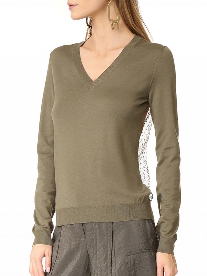 Choies Army Green V-neck Sheer Mesh Back Long Sleeve Knit Sweater